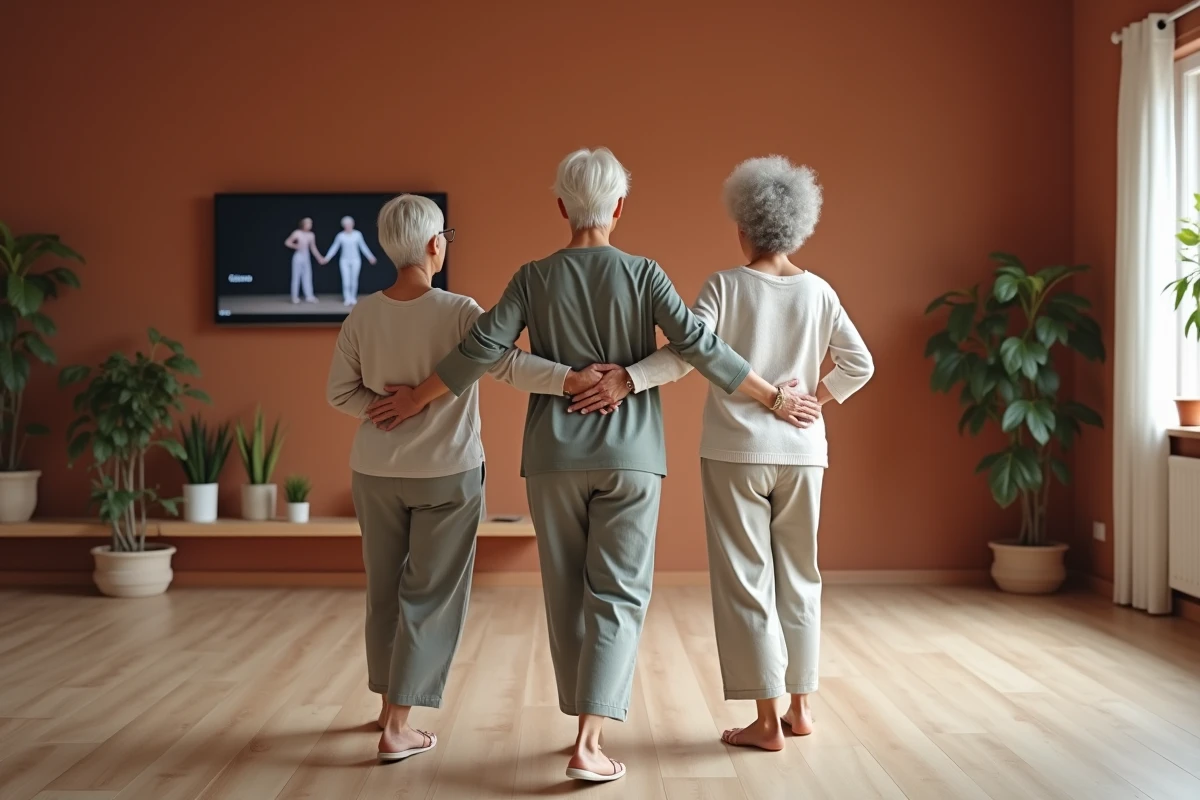 Deux femmes seniors apprenant une chorégraphie facile avec une instructrice dans un studio de bien-être