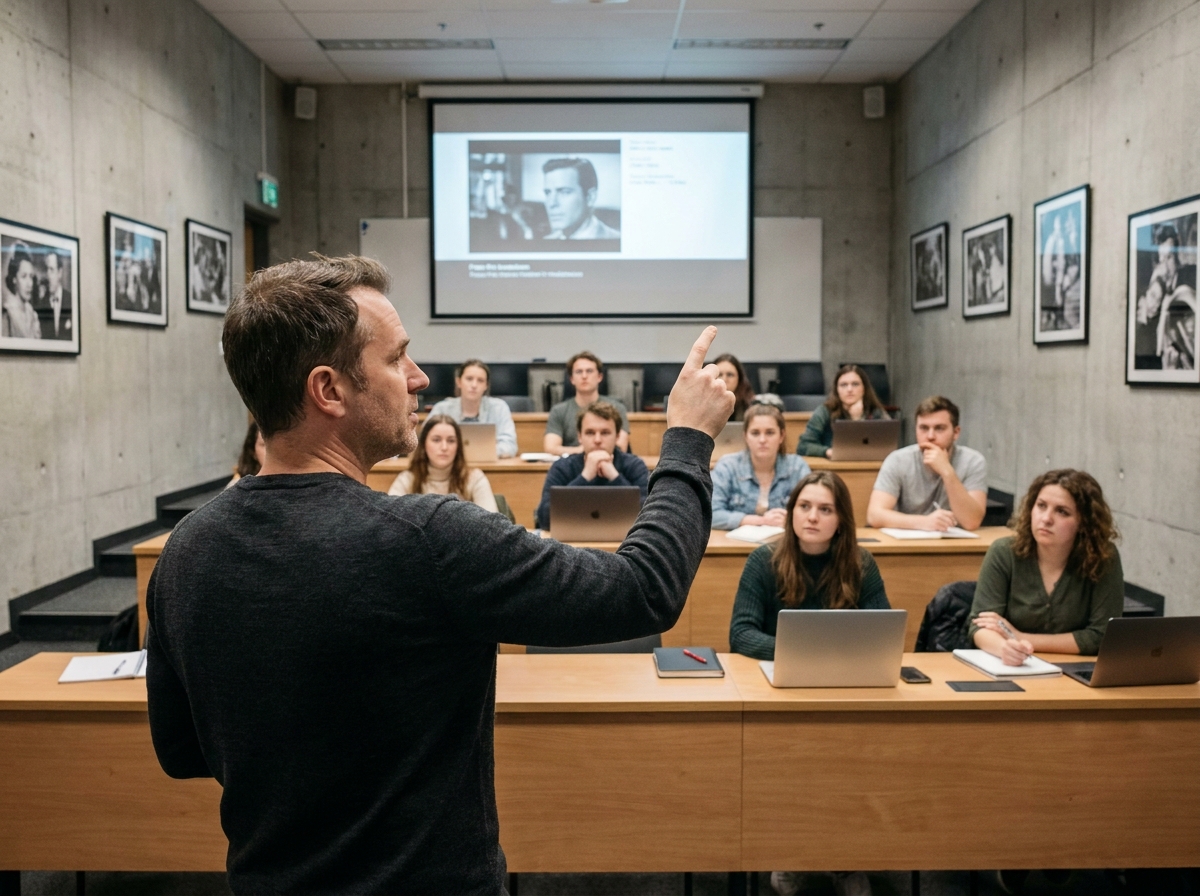 Professeur de cinéma donnant un cours magistral devant des étudiants dans une salle de formation spécialisée