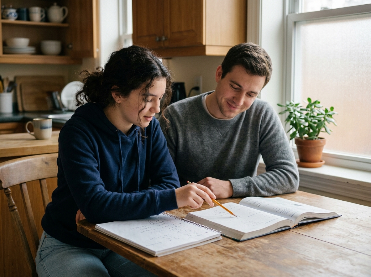 Adolescente recevant des cours particuliers de mathématiques à la maison avec un professeur bienveillant