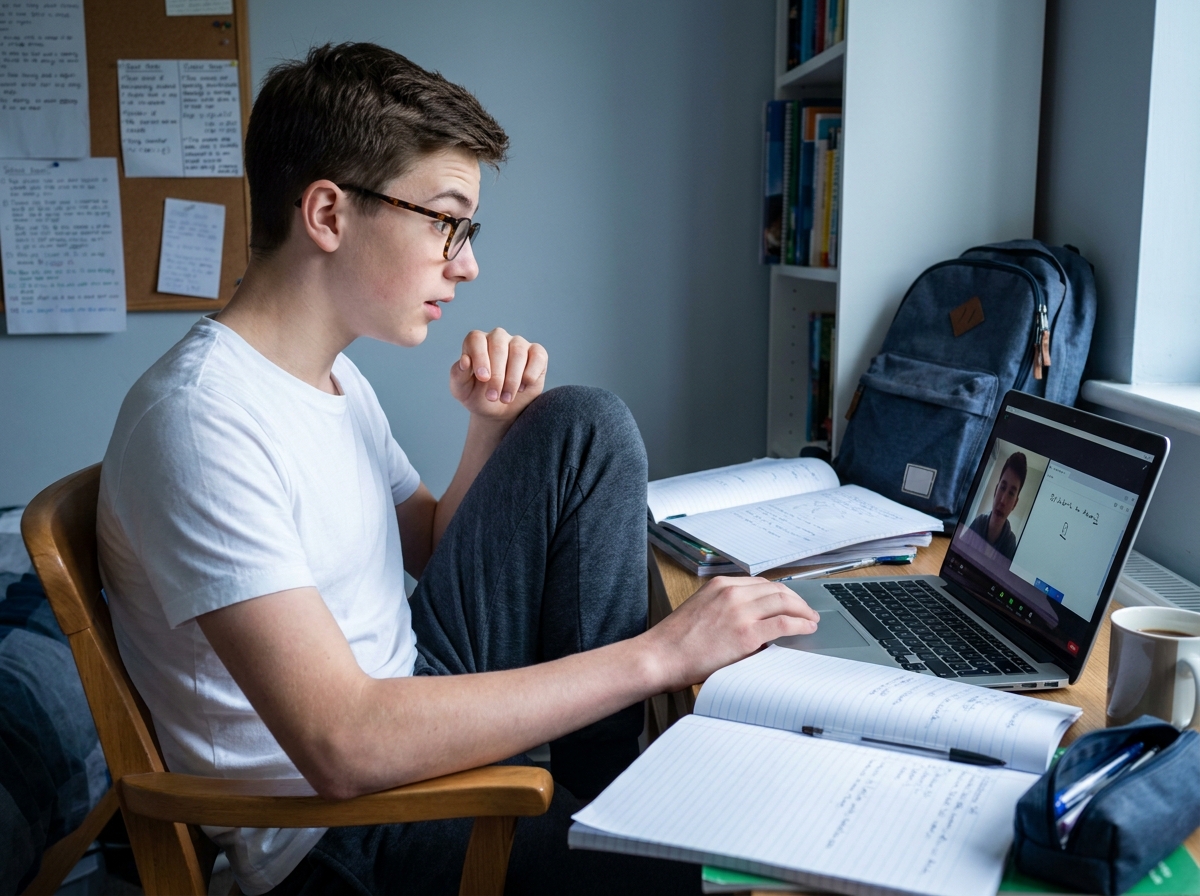 Adolescent en cours particuliers en ligne dans sa chambre via ordinateur portable