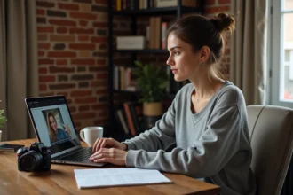 Femme apprenant la photographie en ligne depuis son bureau à domicile avec un ordinateur portable et un appareil photo
