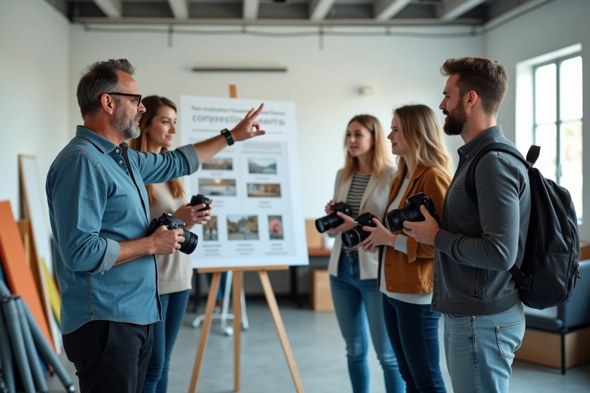 Groupe d'adultes participant à un cours de photographie en présentiel dans un studio moderne avec un instructeur