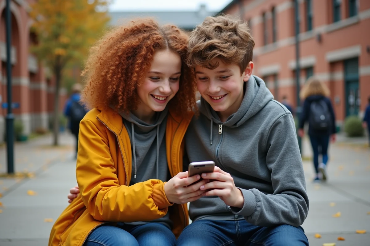 Deux lycéens consultant ensemble un site de demande de carte étudiante sur smartphone dans la cour de leur lycée