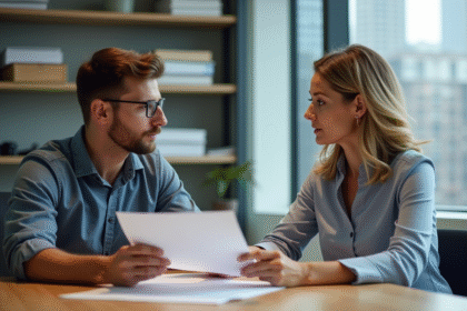 Femme d'affaires discutant avec un jeune homme au bureau