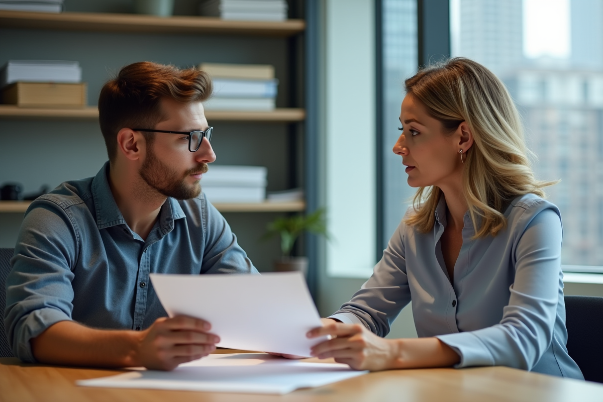 Femme d'affaires discutant avec un jeune homme au bureau