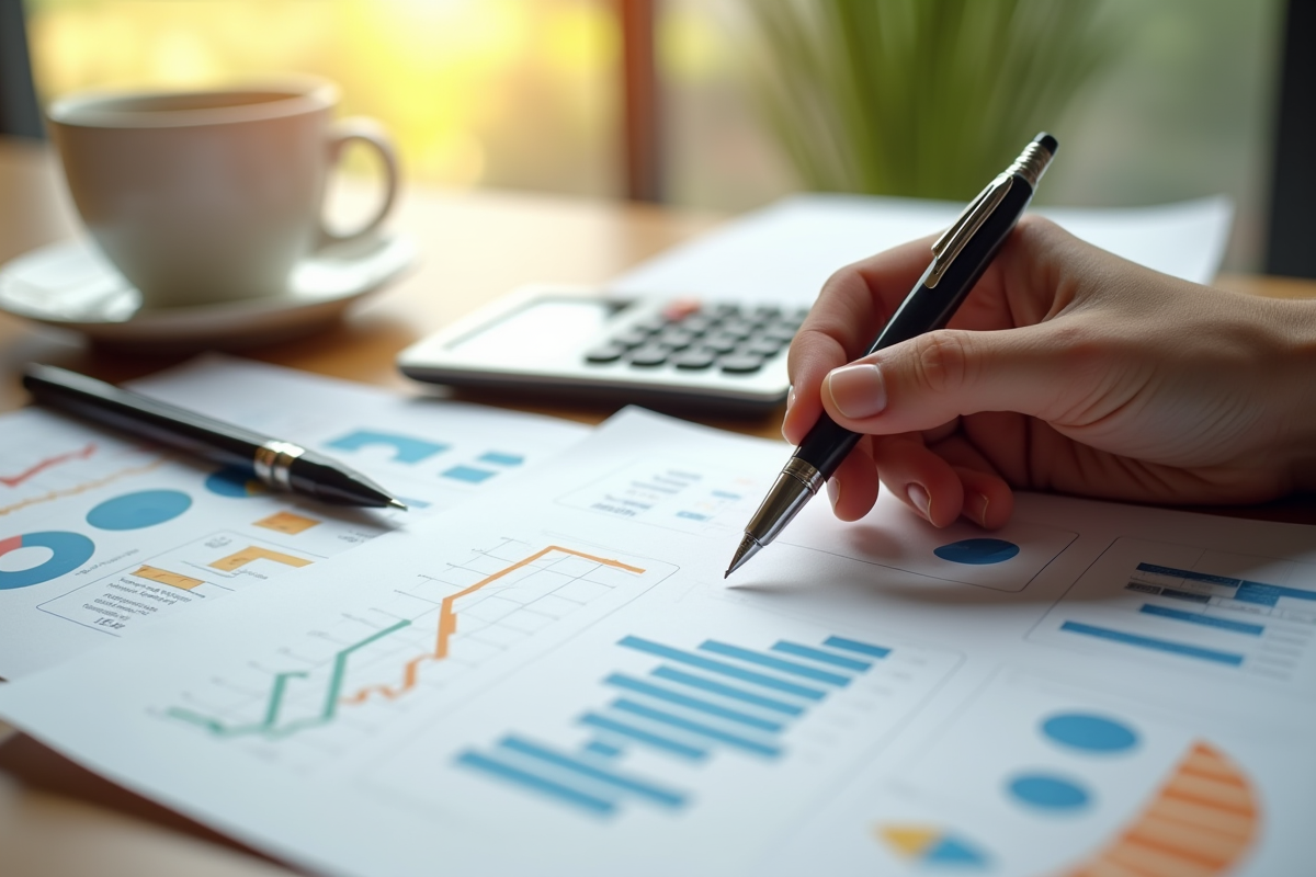 Main tenant un document financier avec graphiques colorés