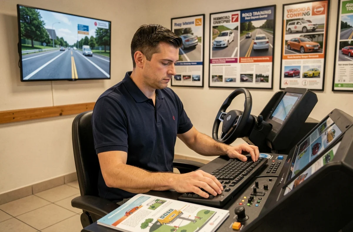 Candidat en formation moniteur d'auto-école utilisant un simulateur de conduite à l'ECF Bouscaren Montpellier