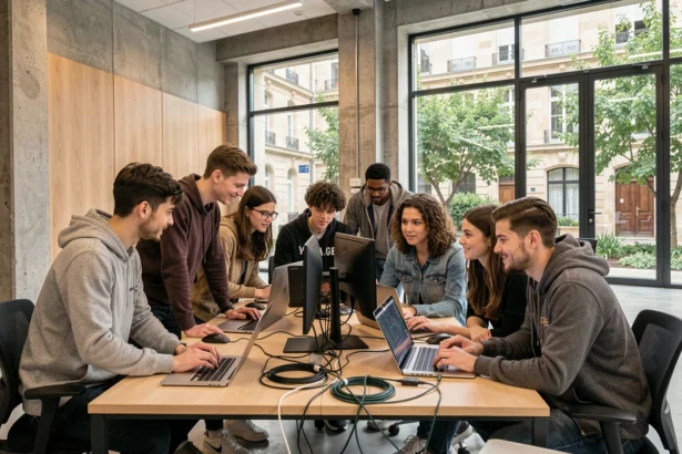 Étudiants en informatique travaillant ensemble dans un campus technologique moderne en Gironde