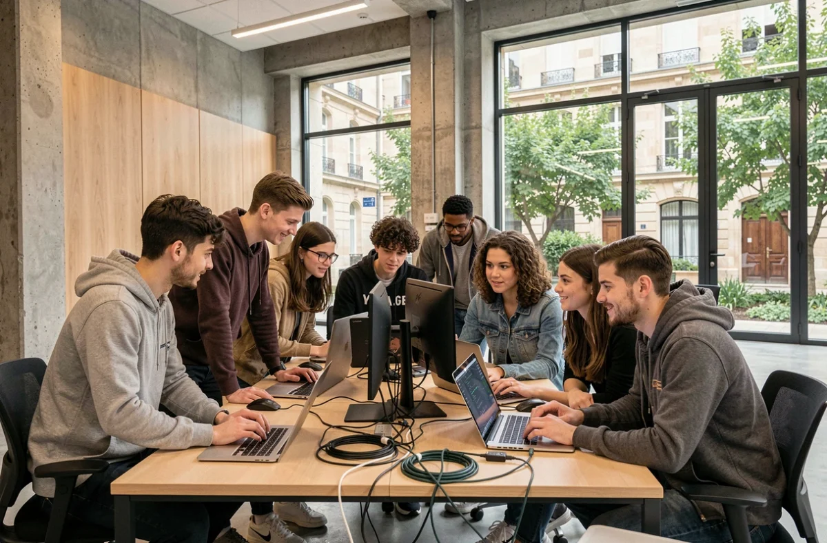 Étudiants en informatique travaillant ensemble dans un campus technologique moderne en Gironde