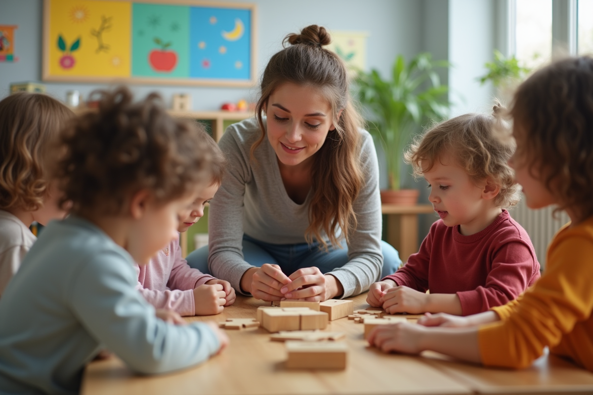 Educatrice en maternelle aidant des tout-petits à jouer