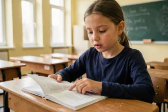 Jeune élève de CE2 lisant un fichier de fluence à voix basse, le doigt posé sur le texte imprimé dans une salle de classe