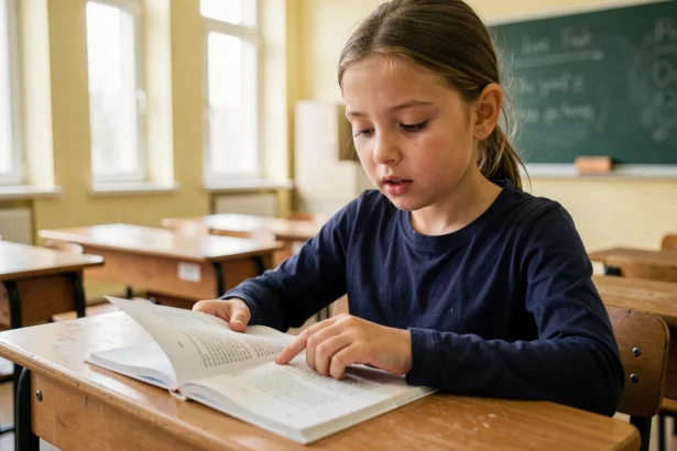 Jeune élève de CE2 lisant un fichier de fluence à voix basse, le doigt posé sur le texte imprimé dans une salle de classe