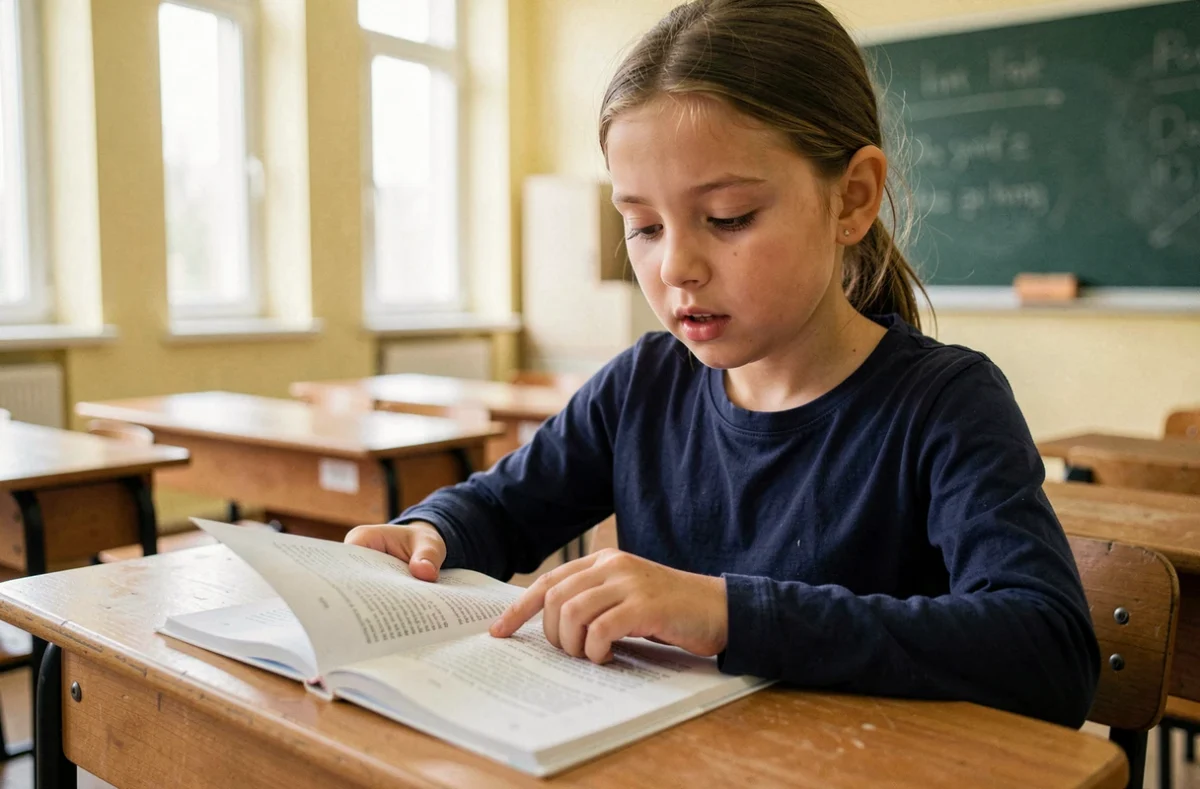 Jeune élève de CE2 lisant un fichier de fluence à voix basse, le doigt posé sur le texte imprimé dans une salle de classe