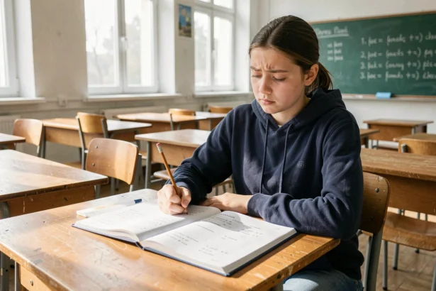 Élève de collège écrivant des conjugaisons de verbes du 3ème groupe dans son cahier de grammaire française en classe