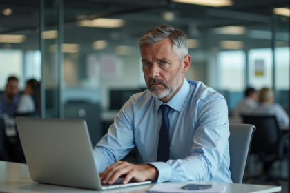 Employe homme inquiet dans un bureau moderne en ambiance professionnelle