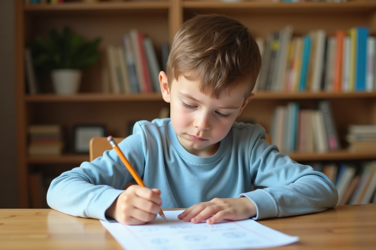 Jeune garçon concentré faisant un test de QI sur papier à son bureau à la maison