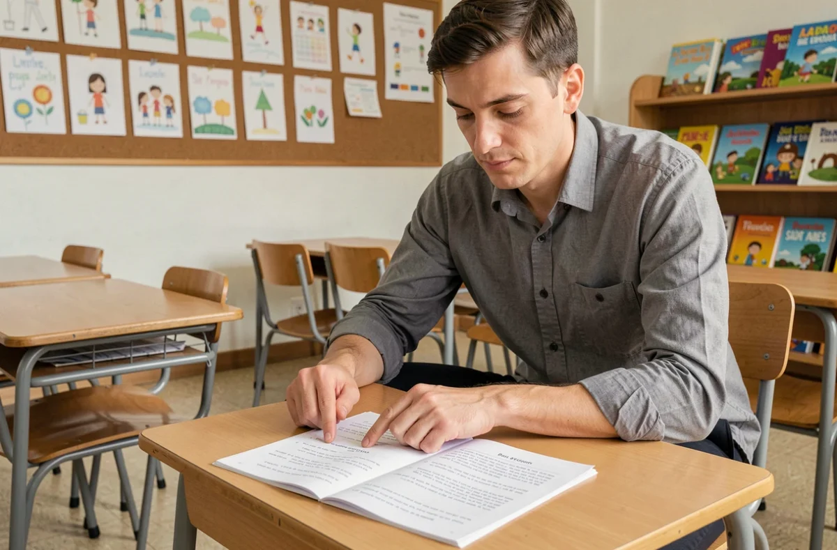 Enseignant de primaire guidant un élève de CE2 dans un exercice de compréhension de lecture avec un fichier fluence