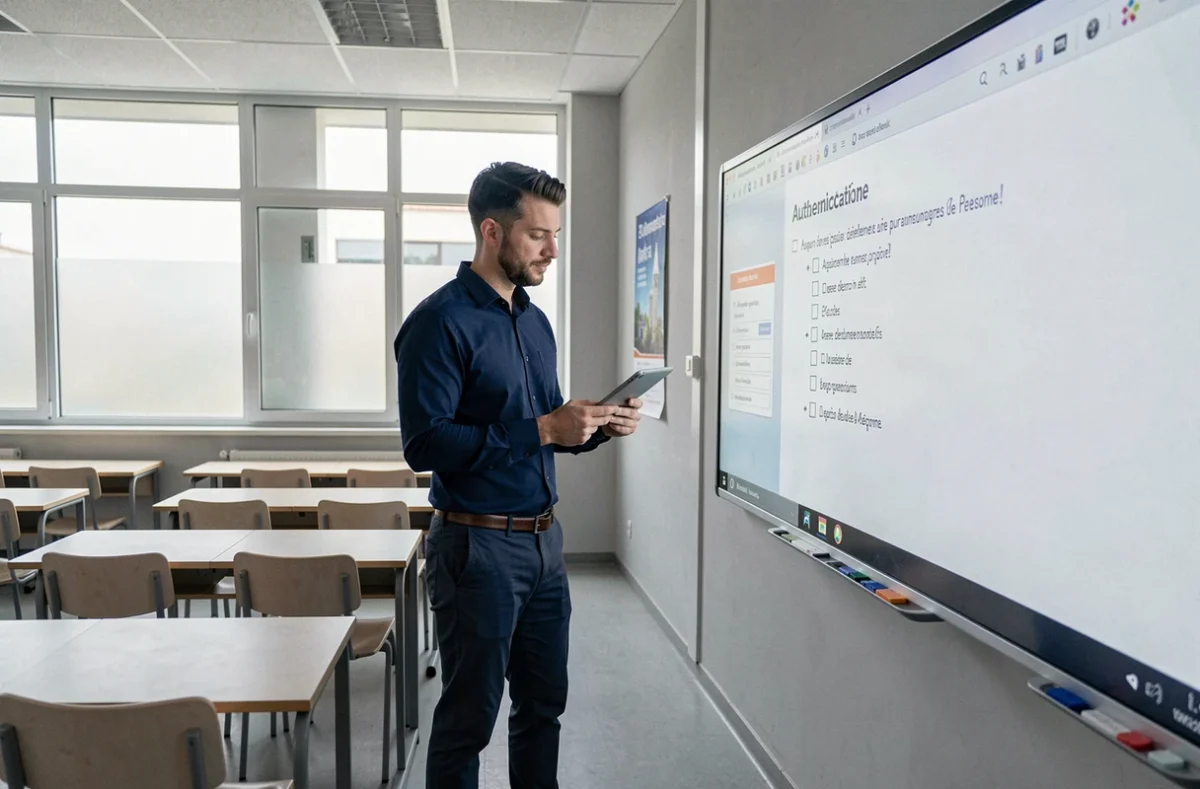 Enseignant vérifiant une check-list d'authentification sur un tableau numérique interactif dans une salle de classe vide avant la rentrée scolaire 2026