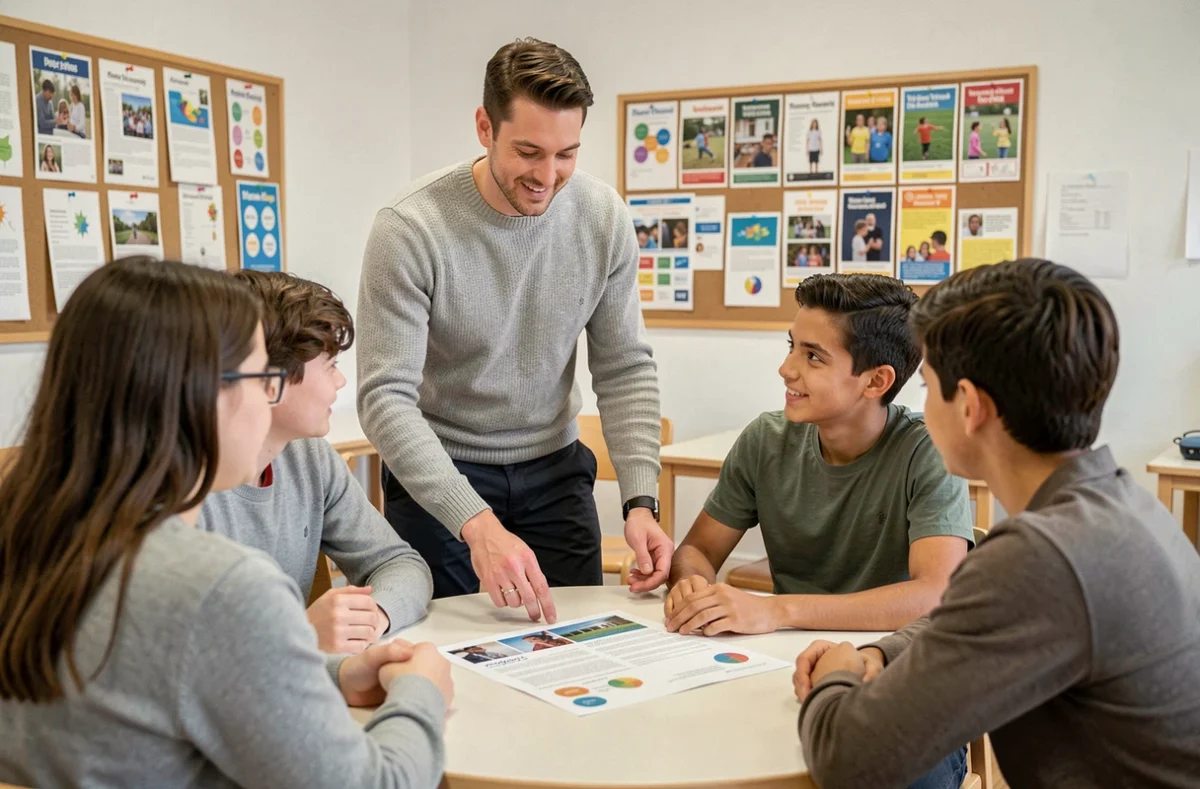 Un enseignant bienveillant anime un atelier avec un groupe d'élèves adolescents autour d'une table dans une salle de classe moderne et collaborative