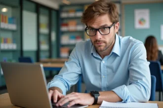 Professeur homme assis à son bureau avec ordinateur en classe