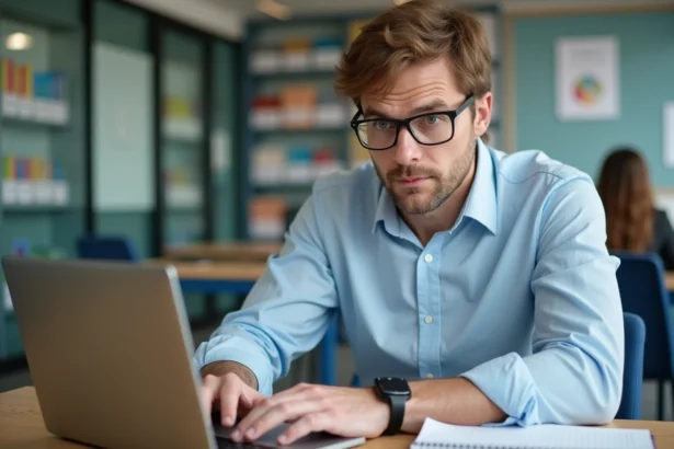 Professeur homme assis à son bureau avec ordinateur en classe