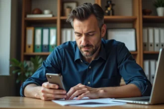 Professeur d'âge moyen utilisant un ordinateur et smartphone