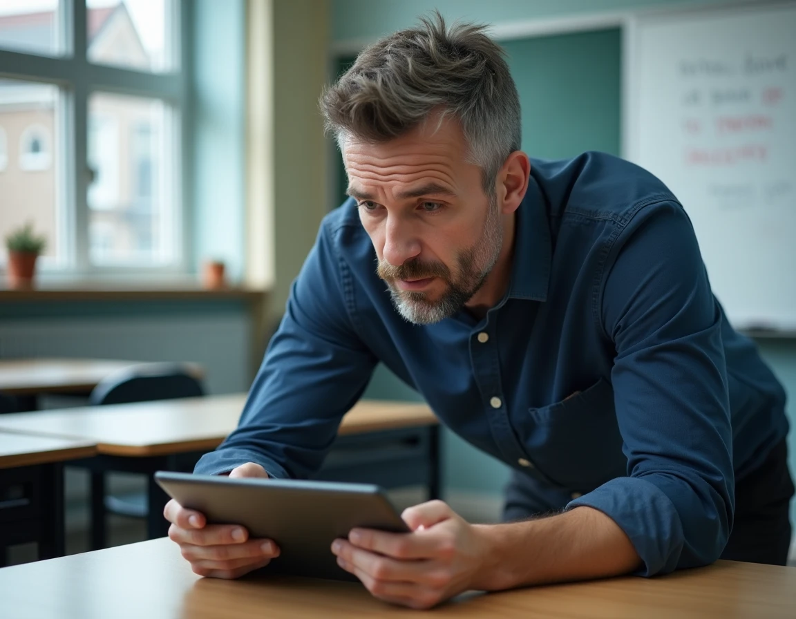Enseignant cherchant à résoudre un problème de connexion sur une tablette dans une salle de classe moderne