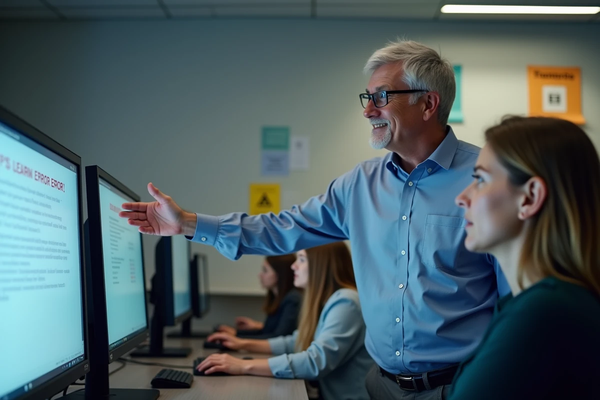 Enseignant expliquant un message d erreur informatique