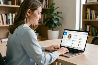 Enseignante consultant son profil IProf Versailles sur un ordinateur portable depuis son bureau à domicile