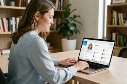 Enseignante consultant son profil IProf Versailles sur un ordinateur portable depuis son bureau à domicile