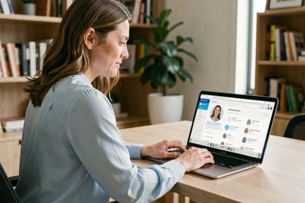 Enseignante consultant son profil IProf Versailles sur un ordinateur portable depuis son bureau à domicile