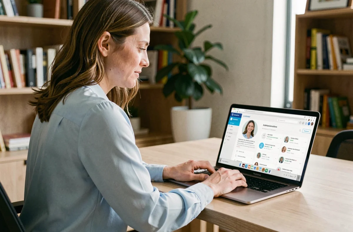 Enseignante consultant son profil IProf Versailles sur un ordinateur portable depuis son bureau à domicile