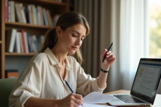 Enseignante préparant ses cours dans un bureau à domicile avec cahier de préparation et ordinateur portable