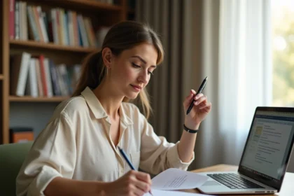 Enseignante préparant ses cours dans un bureau à domicile avec cahier de préparation et ordinateur portable
