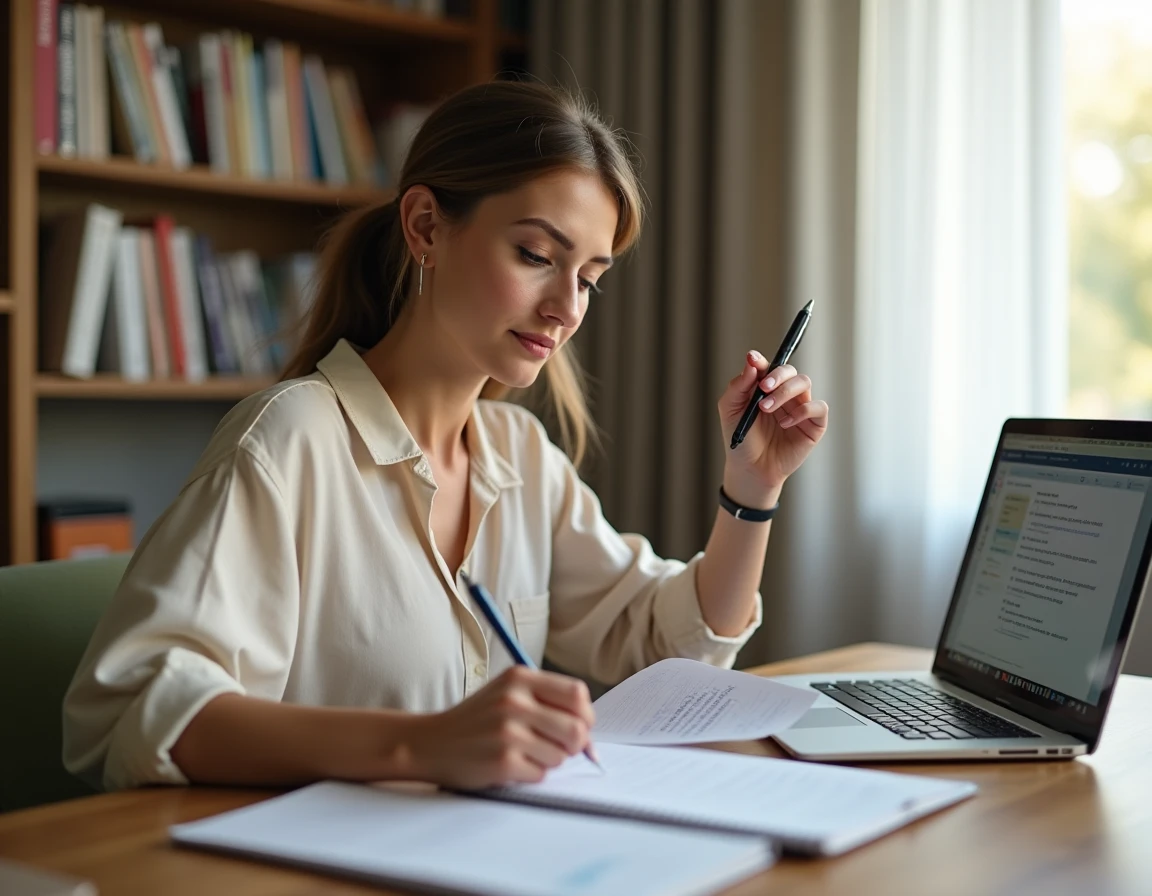 Enseignante préparant ses cours dans un bureau à domicile avec cahier de préparation et ordinateur portable