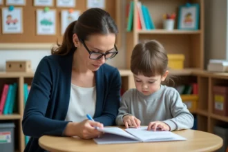 Enseignante spécialisée ULIS accompagnant un élève autour d'un support pédagogique personnalisé dans une salle de classe adaptée