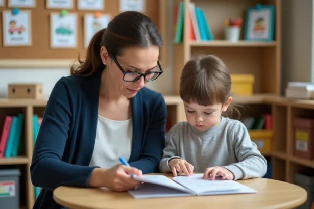 Enseignante spécialisée ULIS accompagnant un élève autour d'un support pédagogique personnalisé dans une salle de classe adaptée