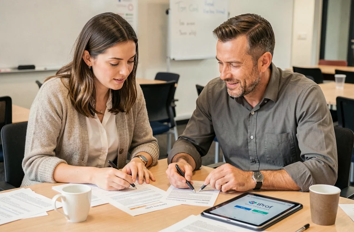 Deux enseignants collaborant sur l'optimisation de leur CV et vœux IProf Versailles dans une salle des professeurs