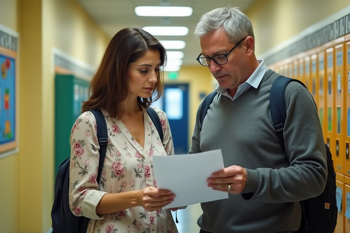Enseignant titulaire et professeur contractuel discutant d'un document salarial dans un couloir d'école primaire