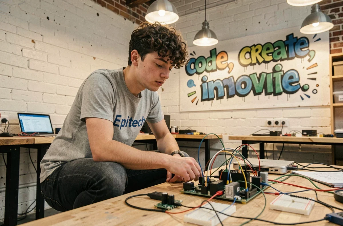 Étudiant en programmation travaillant sur un projet maker avec des composants électroniques à Epitech Bordeaux