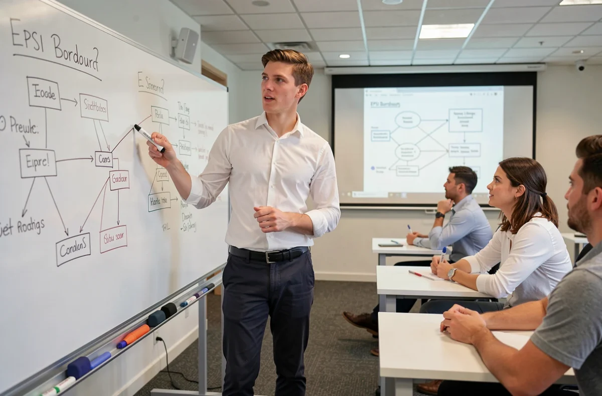 Étudiant expliquant une architecture système et réseau au tableau dans une salle de classe à l'EPSI Bordeaux