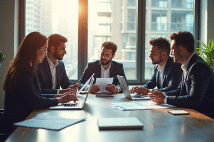 Groupe de professionnels en réunion dans une salle lumineuse