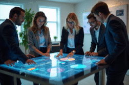 Groupe de professionnels collaborant autour d'une table digitale
