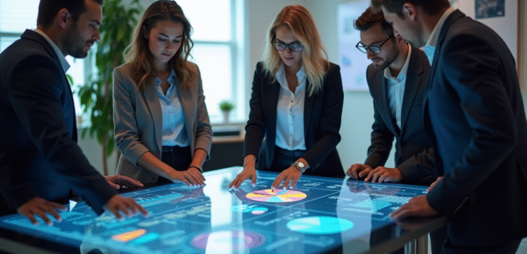 Groupe de professionnels collaborant autour d'une table digitale