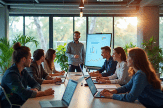 Groupe de professionnels collaborant dans un bureau lumineux