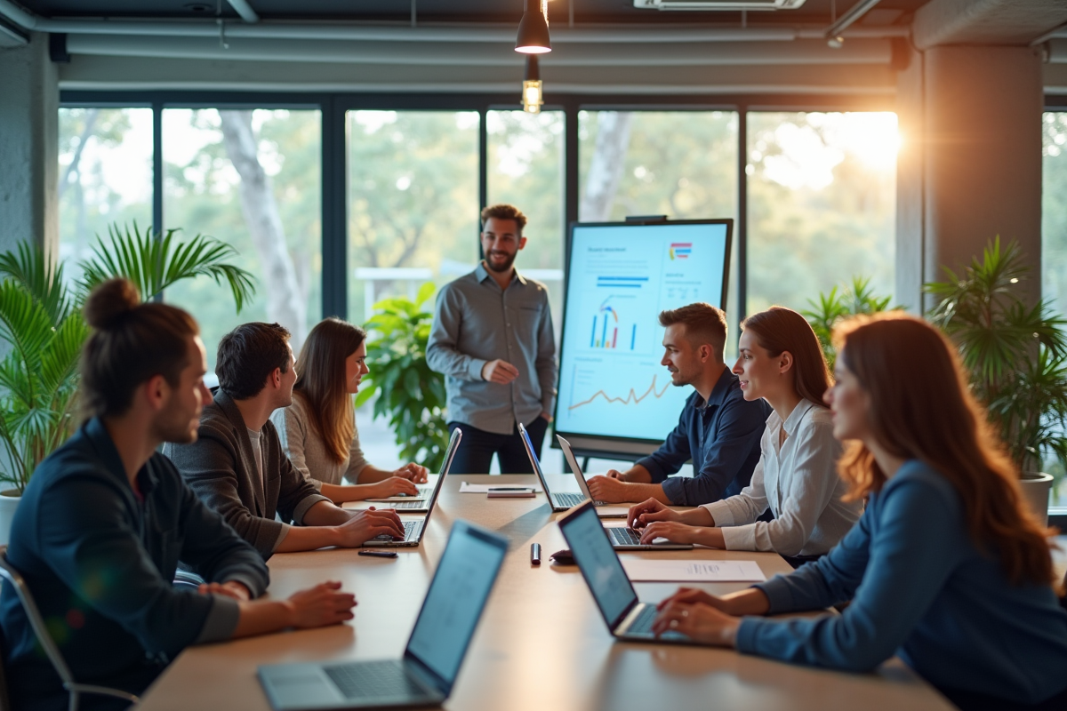 Groupe de professionnels collaborant dans un bureau lumineux