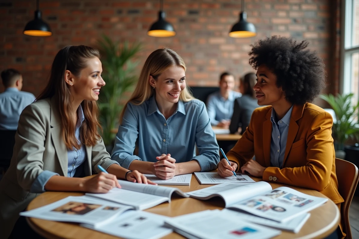 Équipe de jeunes professionnels consultant des magazines de formation business dans un espace de coworking