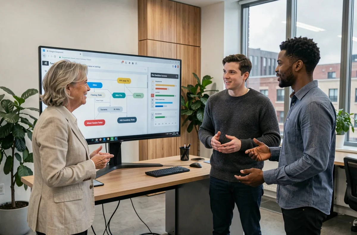 Équipe de leaders analysant des indicateurs stratégiques sur un écran interactif en espace de coworking