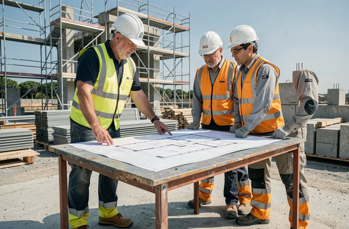 Formateur BTP expliquant un plan de construction à deux stagiaires adultes équipés de EPI sur un chantier pédagogique de l'Espace BTP - Greta Marseille Méditerranée