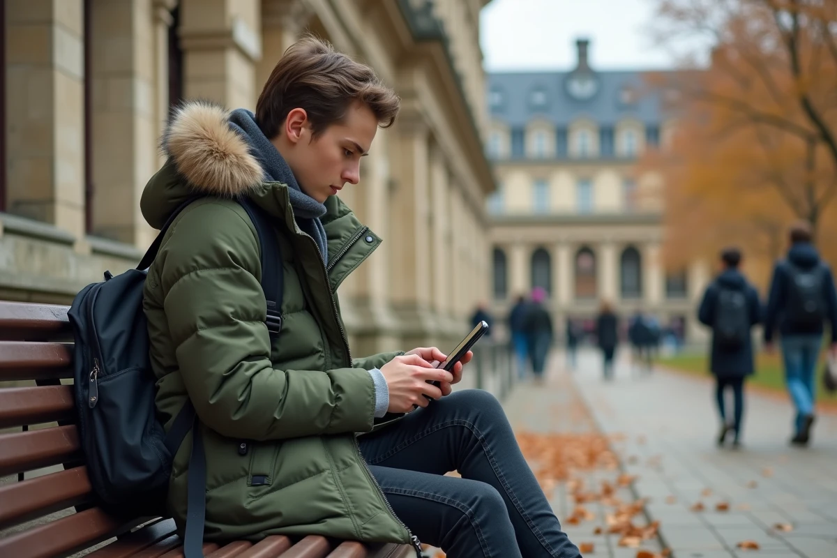 Étudiant consultant la boîte académique de Clermont-Ferrand sur mobile en extérieur sur un campus universitaire français